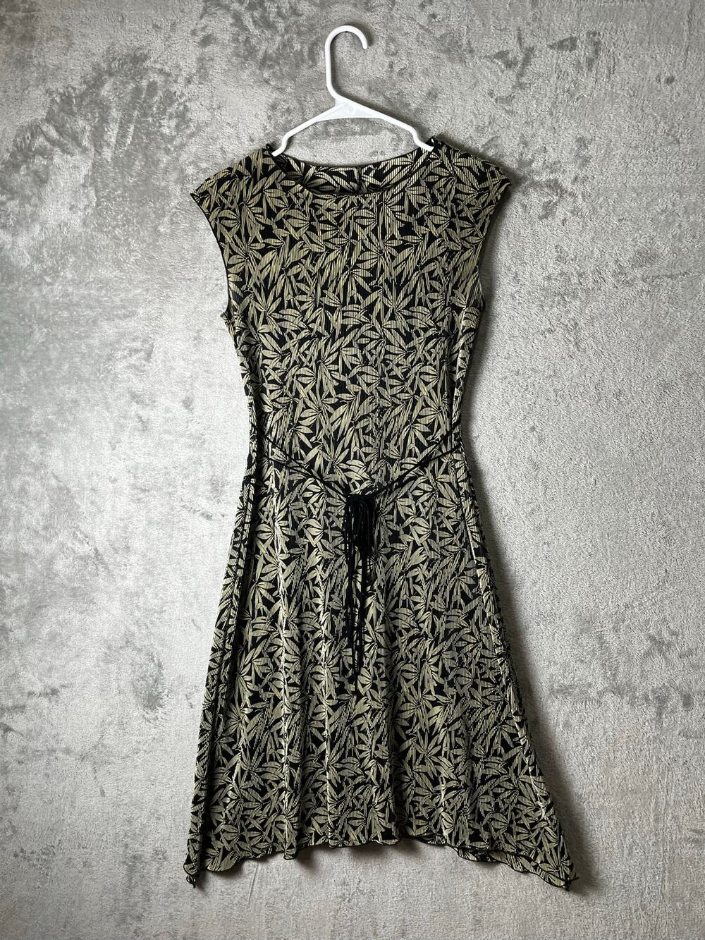 Vintage Botanical Leaf Print Tie Waist Dress Cap Sleeve Cottagecore Summer 8P